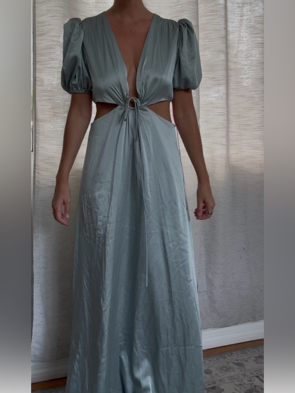 Express Dusty Blue Satin Cutout Puff Sleeve Maxi Dress Medium NWOT